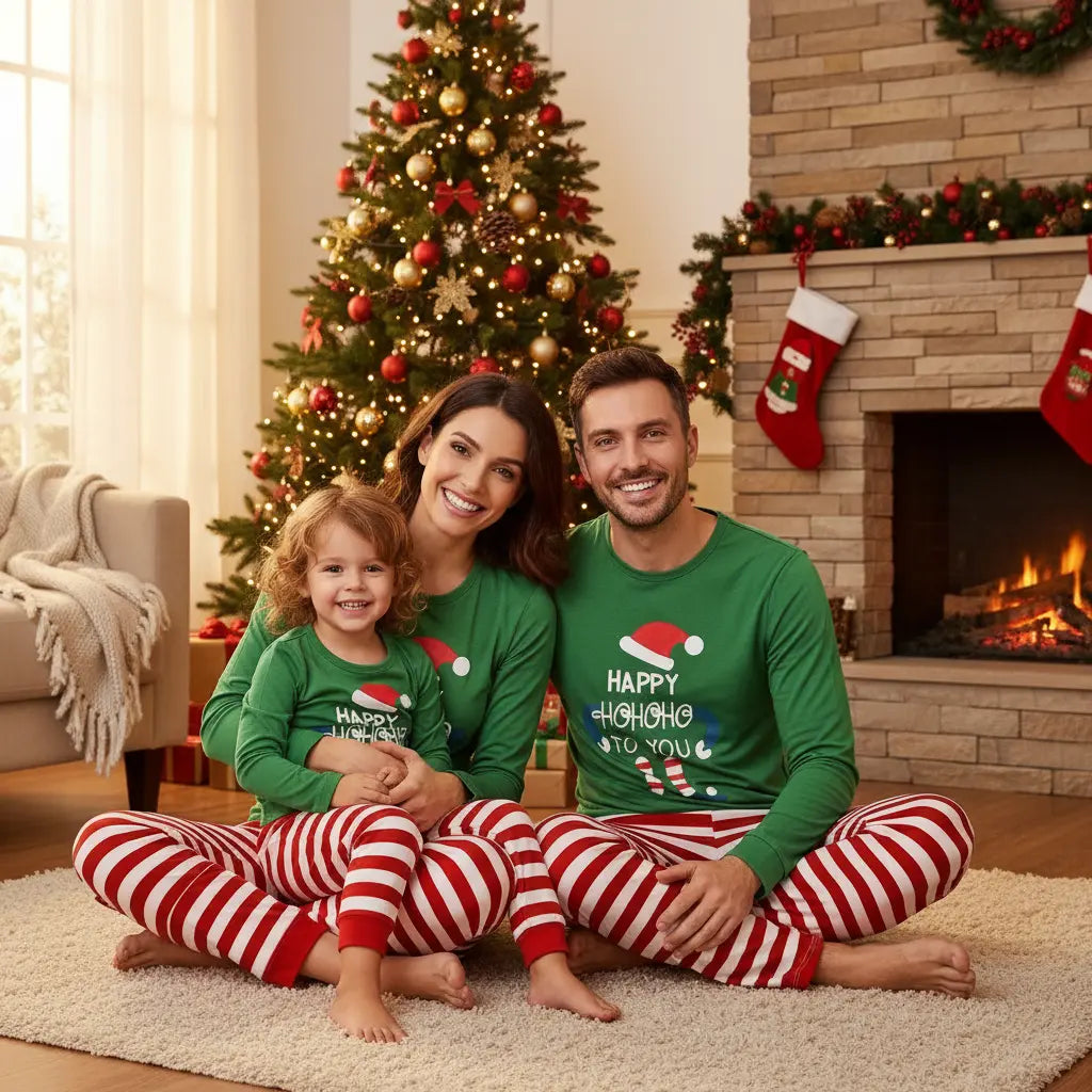 "family christmas pajamas cotton knit doll print in festive green for coordinated holiday card photos on couch with presents"