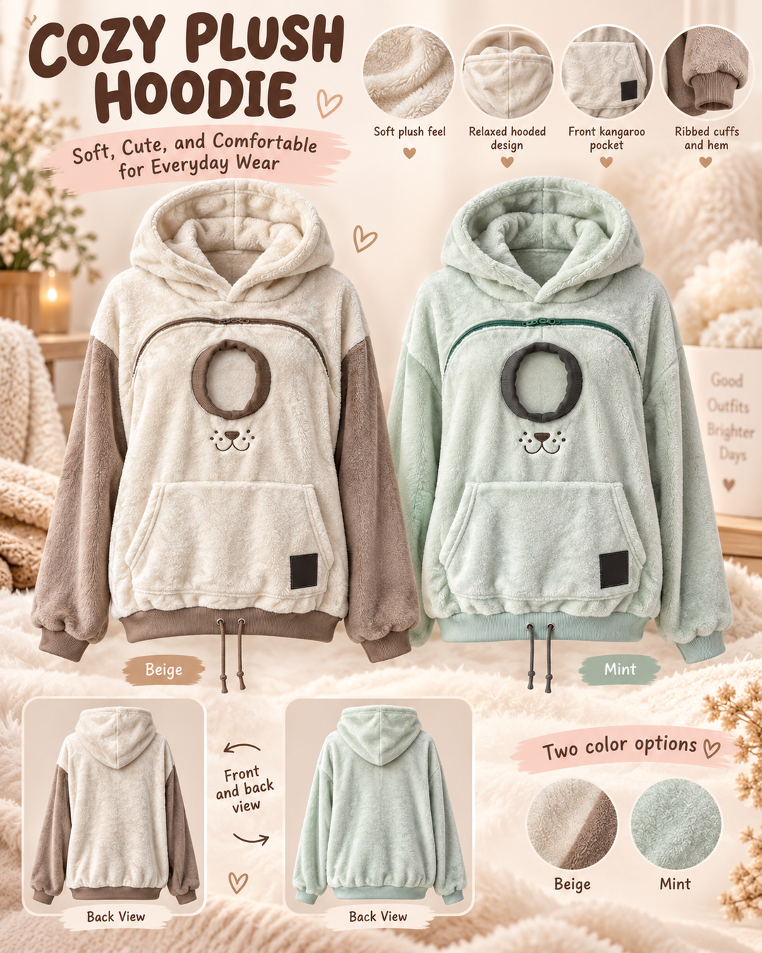 Supplier hoodie collage with beige and light green garments and closeups photographed for comparing the photographed details.