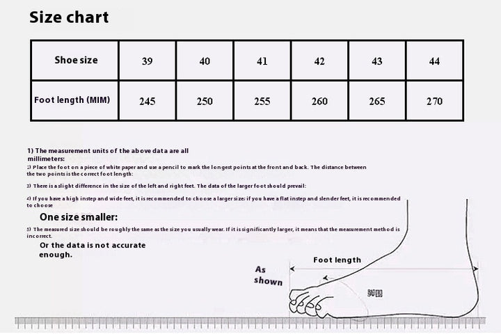 Shoe size chart with foot length measurements on a white background