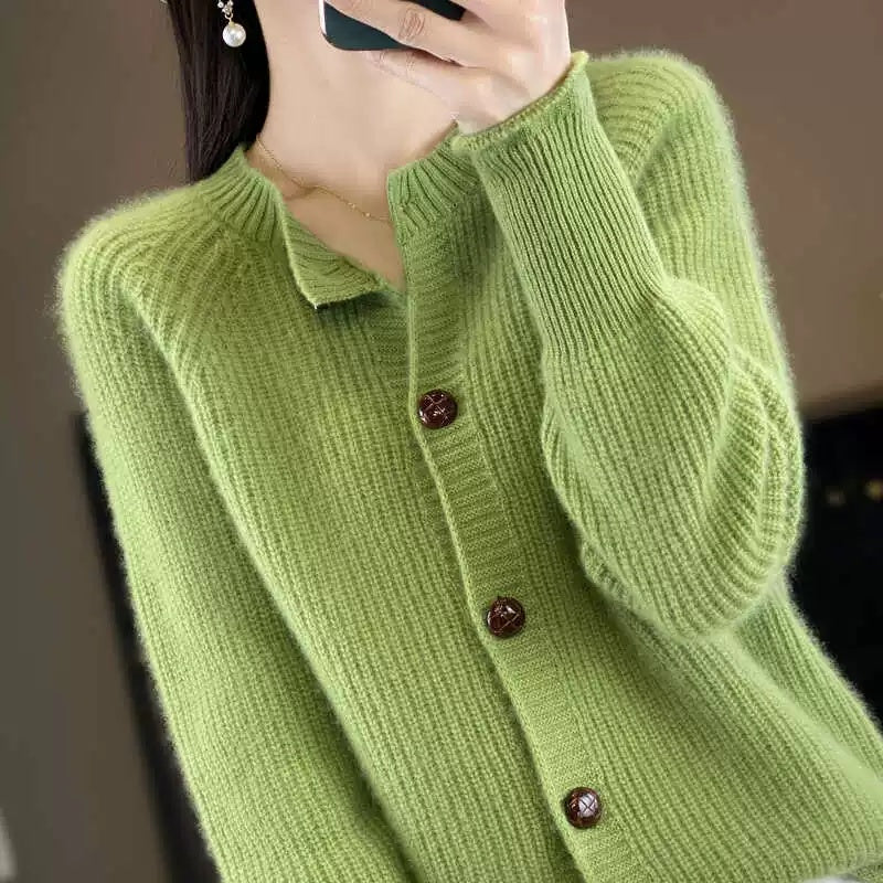 cashmere cardigan green thick knit sleeve detail soft wool finish