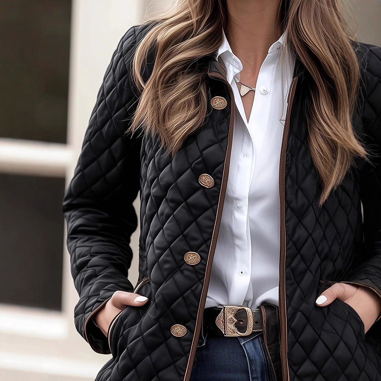jacket for women slim fit silhouette front view with buttons closed, black plaid pattern for elegant commute style
