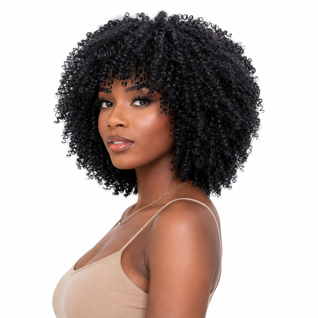 Short curly wig with slanted bangs styled for a polished daily look with controlled movement, and an easy face-framing shape.
