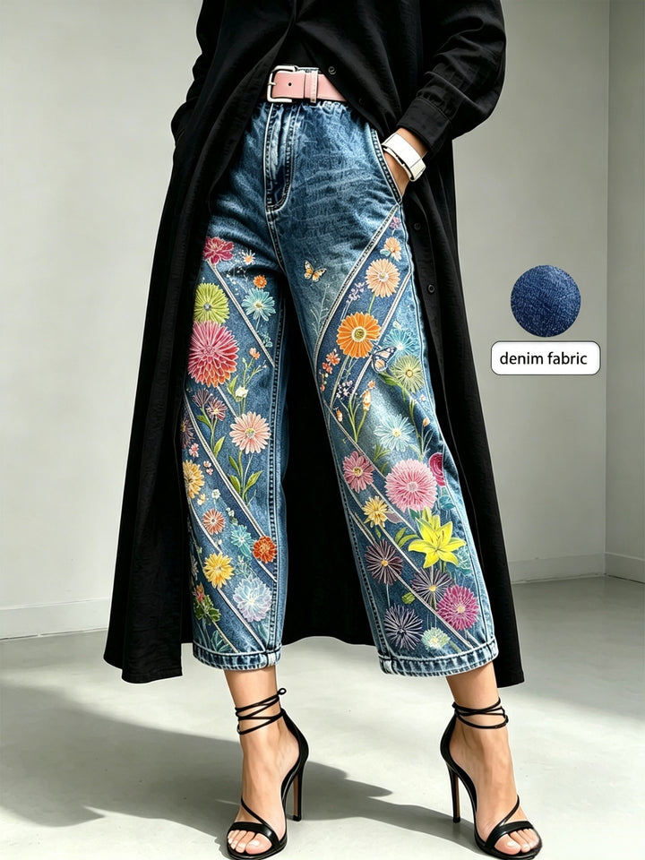 Denim capri pants for women shown as a clear catalog image with green color and retro pattern styling - catalog product view.