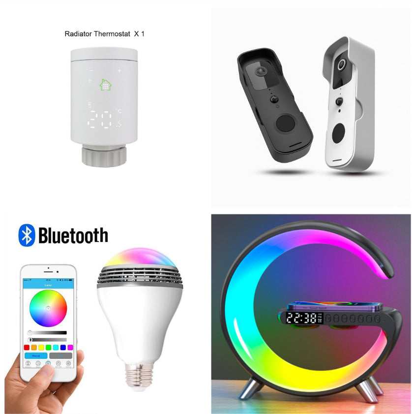 G shaped LED lamp with Bluetooth speaker, 15W wireless charging, digital clock and alarm for bedside or desk use in any room.