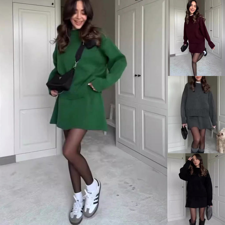 sweater skirt set women green solid color knit outfit natural light scene