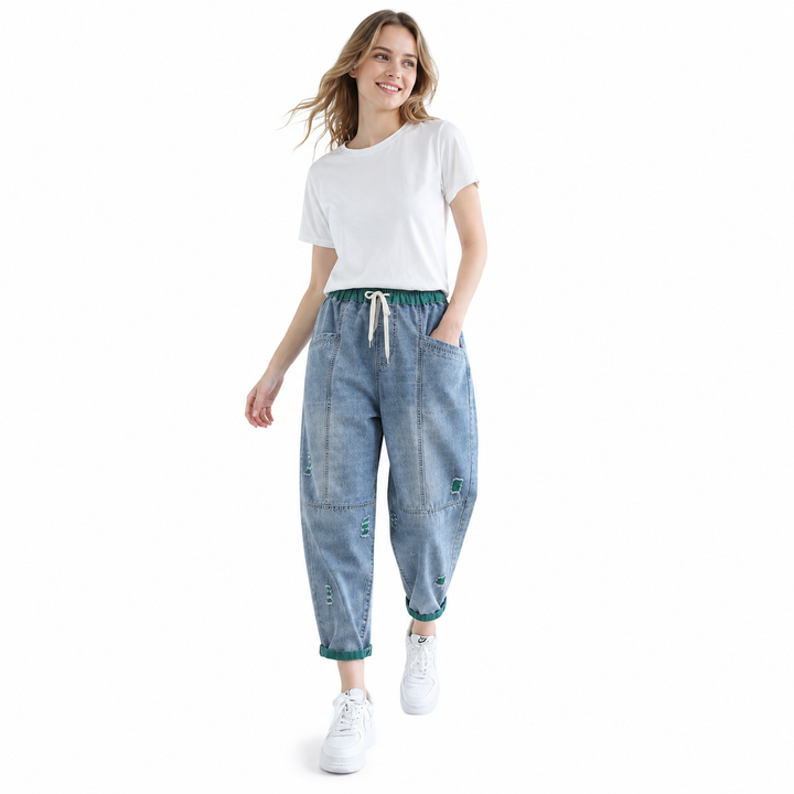 Ripped Jeans for Women Green Orange Cropped Denim Pants