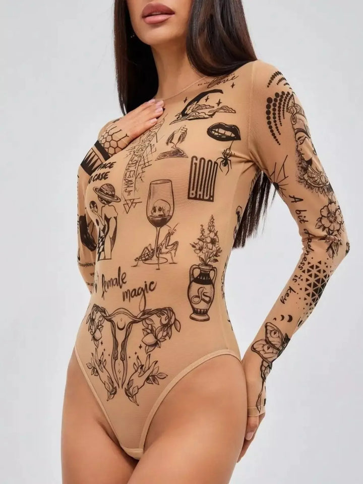 Sheer printed bodysuit with body-hugging fit and artistic all-over black linework