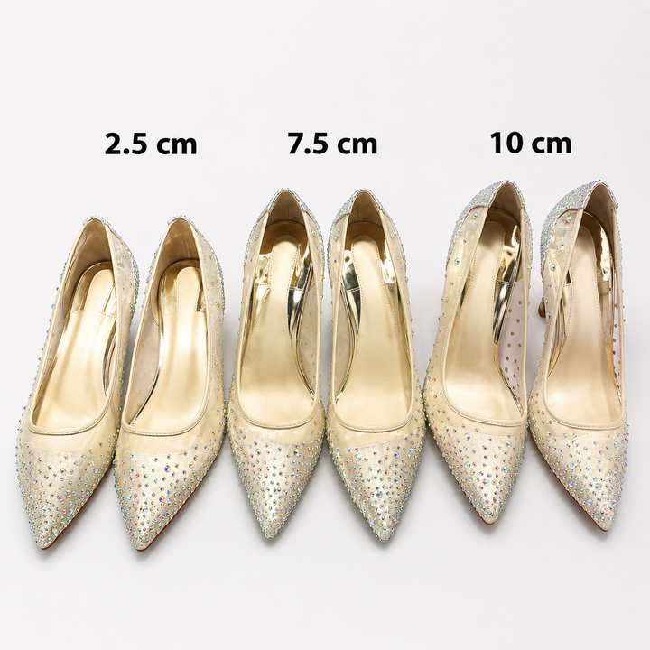 Transparent mesh rhinestone pumps with crystal shine, shallow mouth design and high heel lift for party and cocktail outfits.