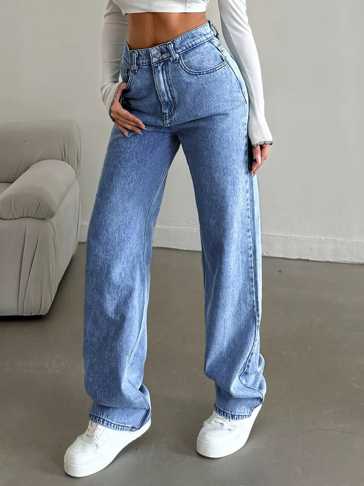 womens wide leg jeans back view with pockets and yoke seam on cotton denim for a smooth, lifted look

