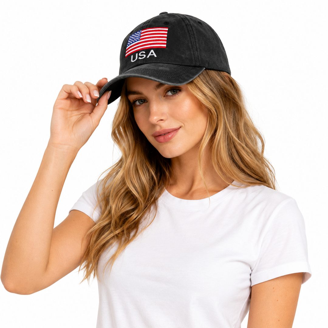 Black American flag baseball cap with vintage faded look, embroidered USA letters and an adjustable metal buckle at the back.
