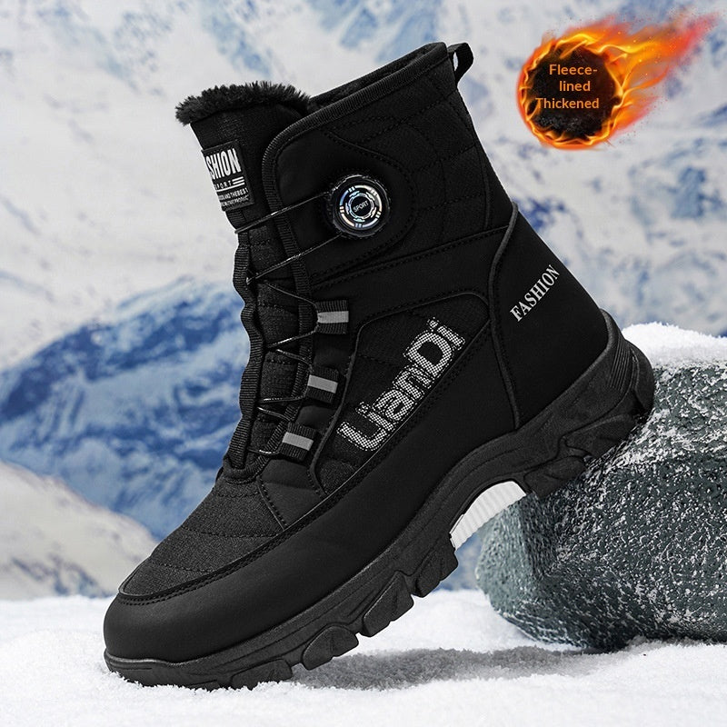 Original image: Black dial fastened boot photographed against a snowy mountain backdrop visible with visible product details.