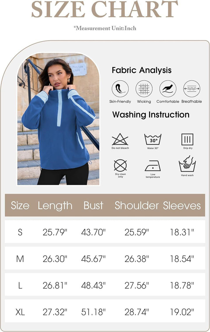 Size chart for a blue jacket with fabric analysis, washing instructions, and measurements.