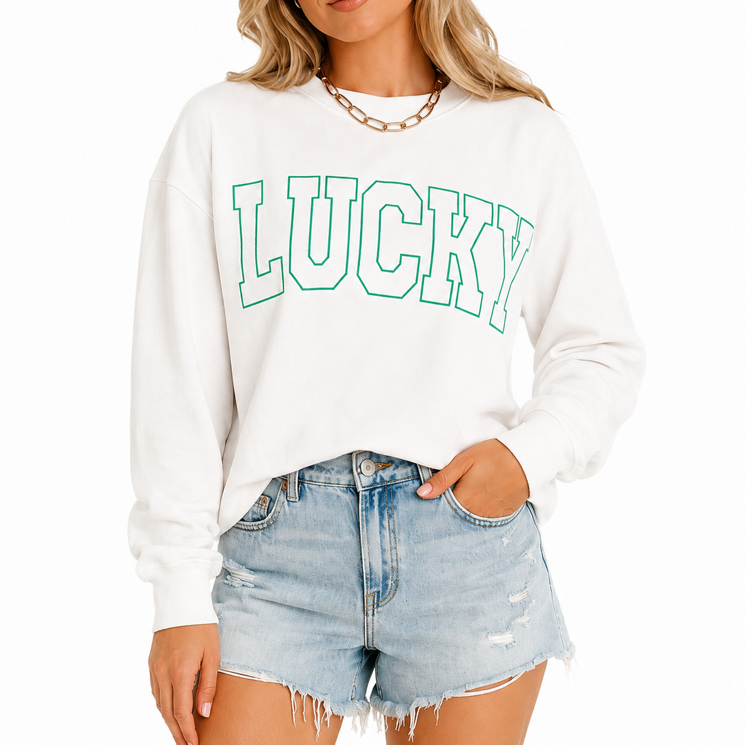 Comfortable women sweatshirt with statement LUCKY print, regular silhouette, and cotton blend warmth for fall walks daily now