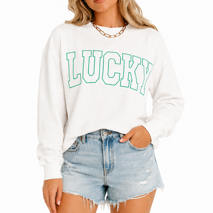 Comfortable women sweatshirt with statement LUCKY print, regular silhouette, and cotton blend warmth for fall walks daily now
