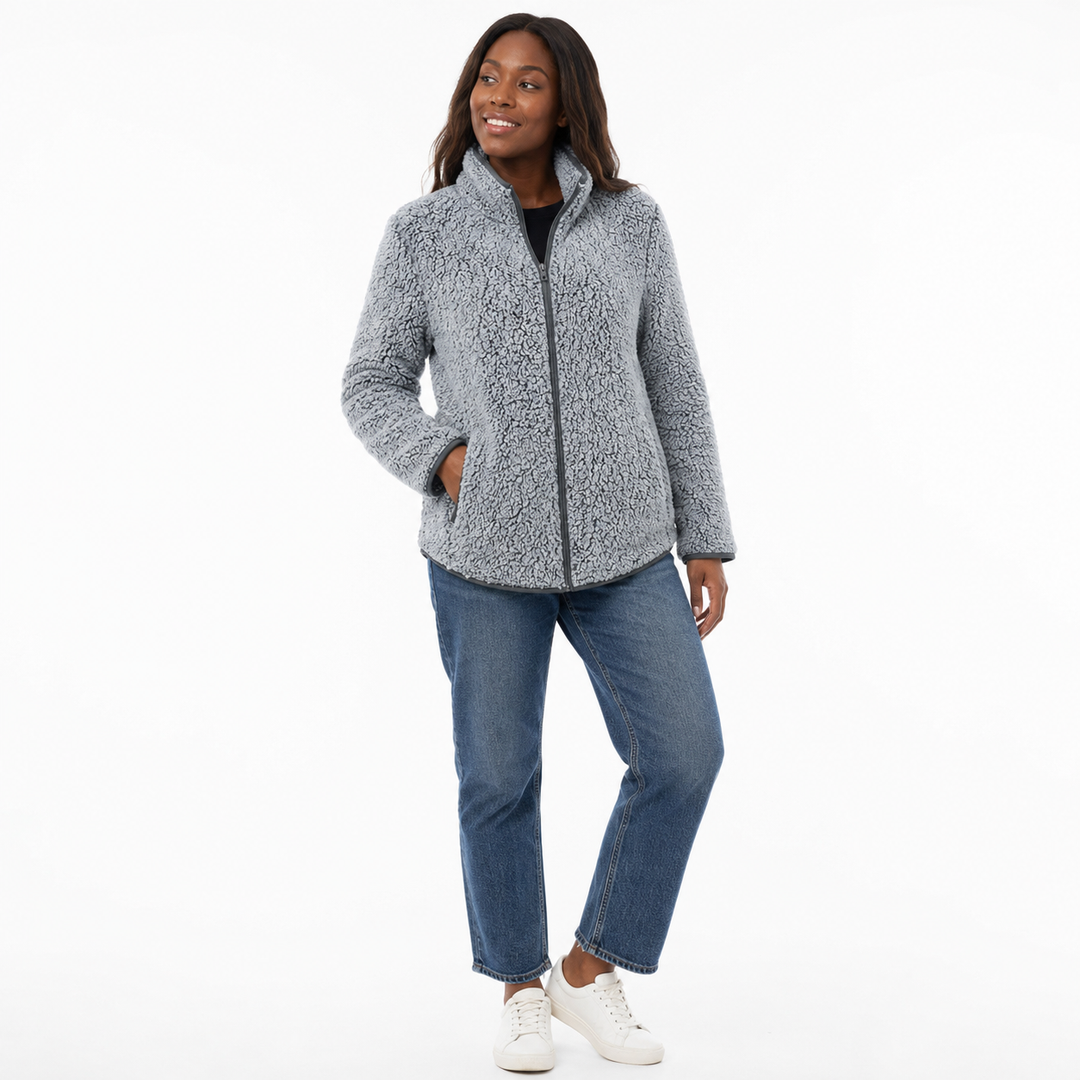 Stand collar zip sweatshirt for women with plush double-sided bubble velvet and simple mid-length shape for cold winter days.
