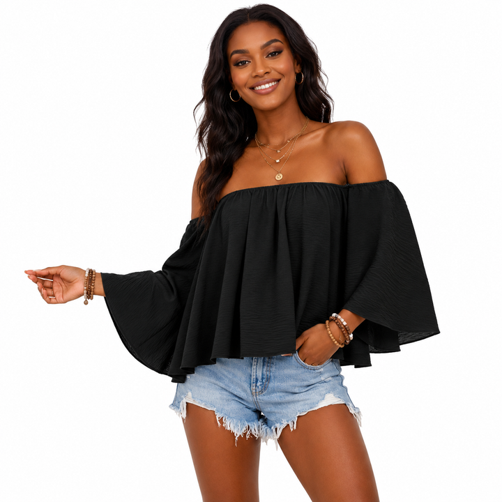 Basic loose-fit off shoulder top with distressed finish, made for easy, everyday outfits, travel looks, and weekend wear now.