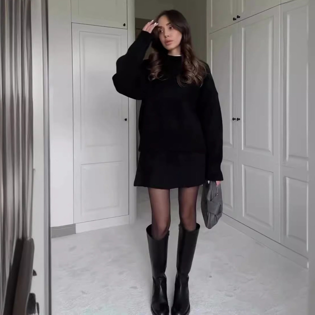 sweater skirt set women dark gray knit outfit everyday city styling