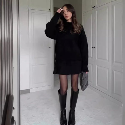 sweater skirt set women dark gray knit outfit everyday city styling