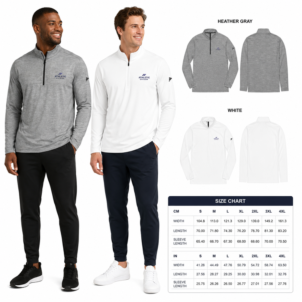Men's athletic quarter zip pullover made with recycled materials, featuring moisture control, relaxed comfort and protection.
