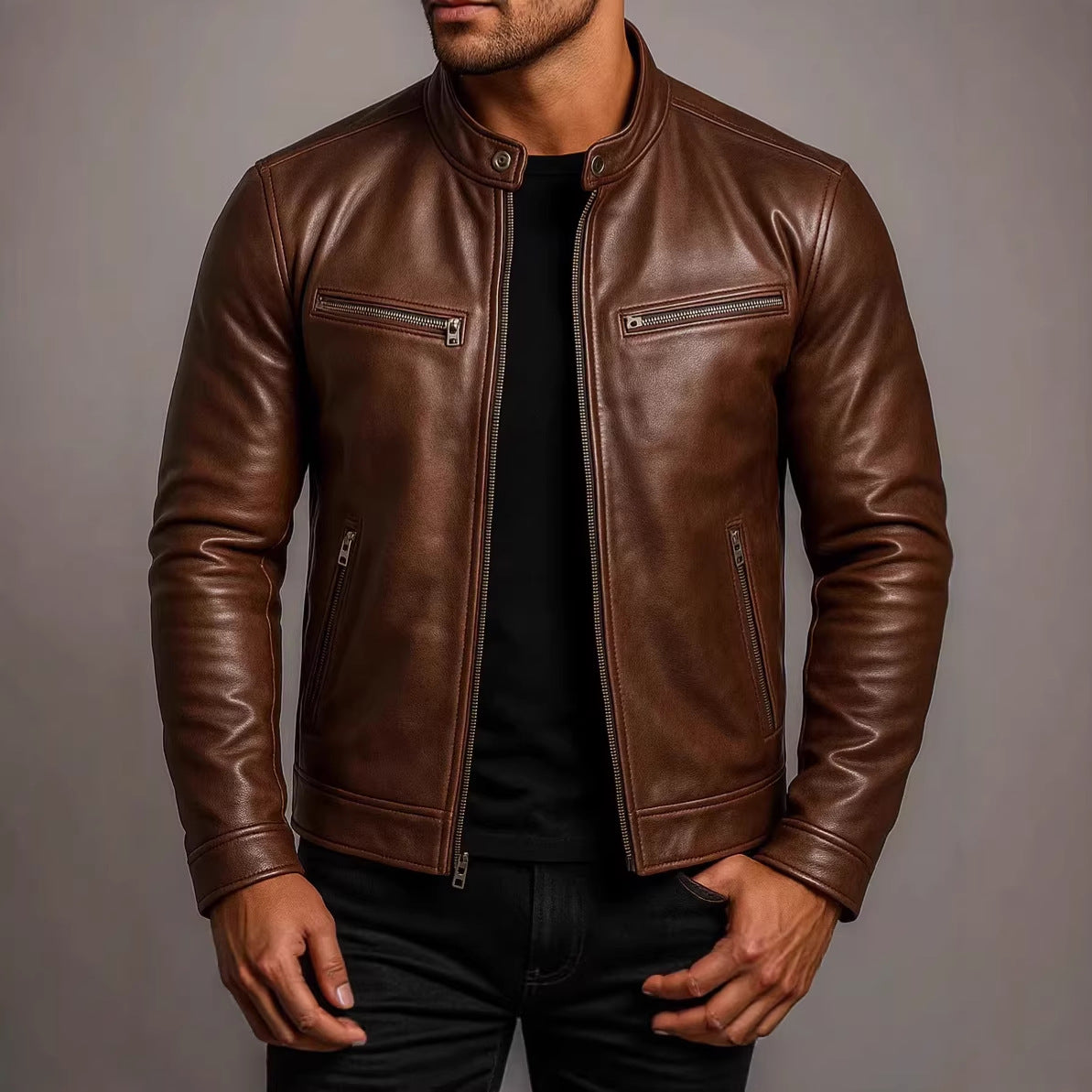 mens pu leather jacket back view clean silhouette