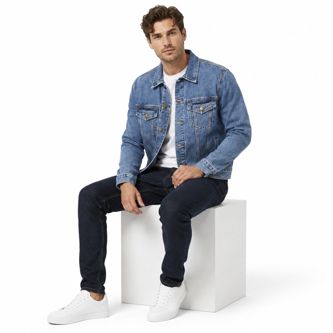 Men’s casual denim jacket with bold back graphic, travel-inspired print, and relaxed fit