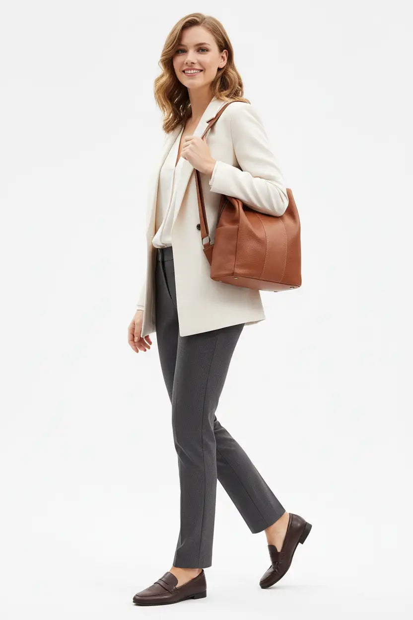 women's solid color large capacity backpack side profile showing 15cm thickness structured shape