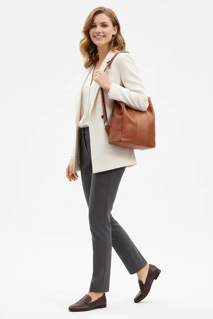 women's solid color large capacity backpack side profile showing 15cm thickness structured shape