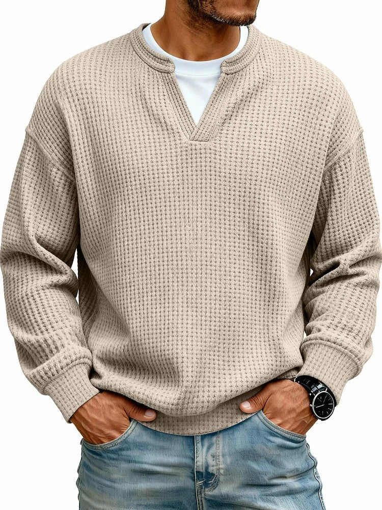 Men’s waffle shirt in a studio setting showing long sleeves and comfortable everyday structure