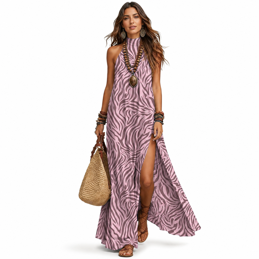 Womens polyester maxi dress with retro print, long length and comfortable loose shape for travel and beach walks online today