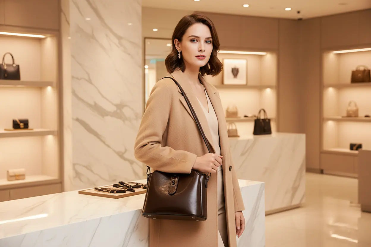 minimalist PU leather bag with smooth texture and metal lock detail styled in premium interior