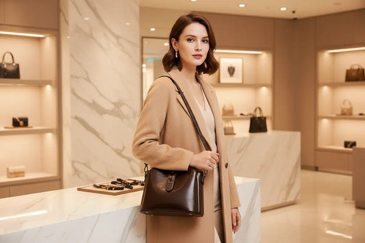 minimalist PU leather bag with smooth texture and metal lock detail styled in premium interior