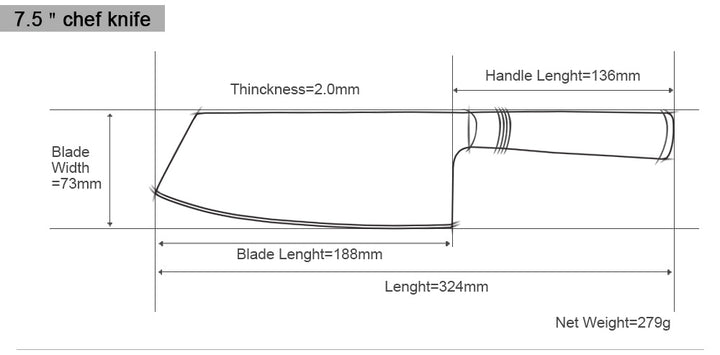 Technical drawing of a 7.5-inch chef knife with measurements