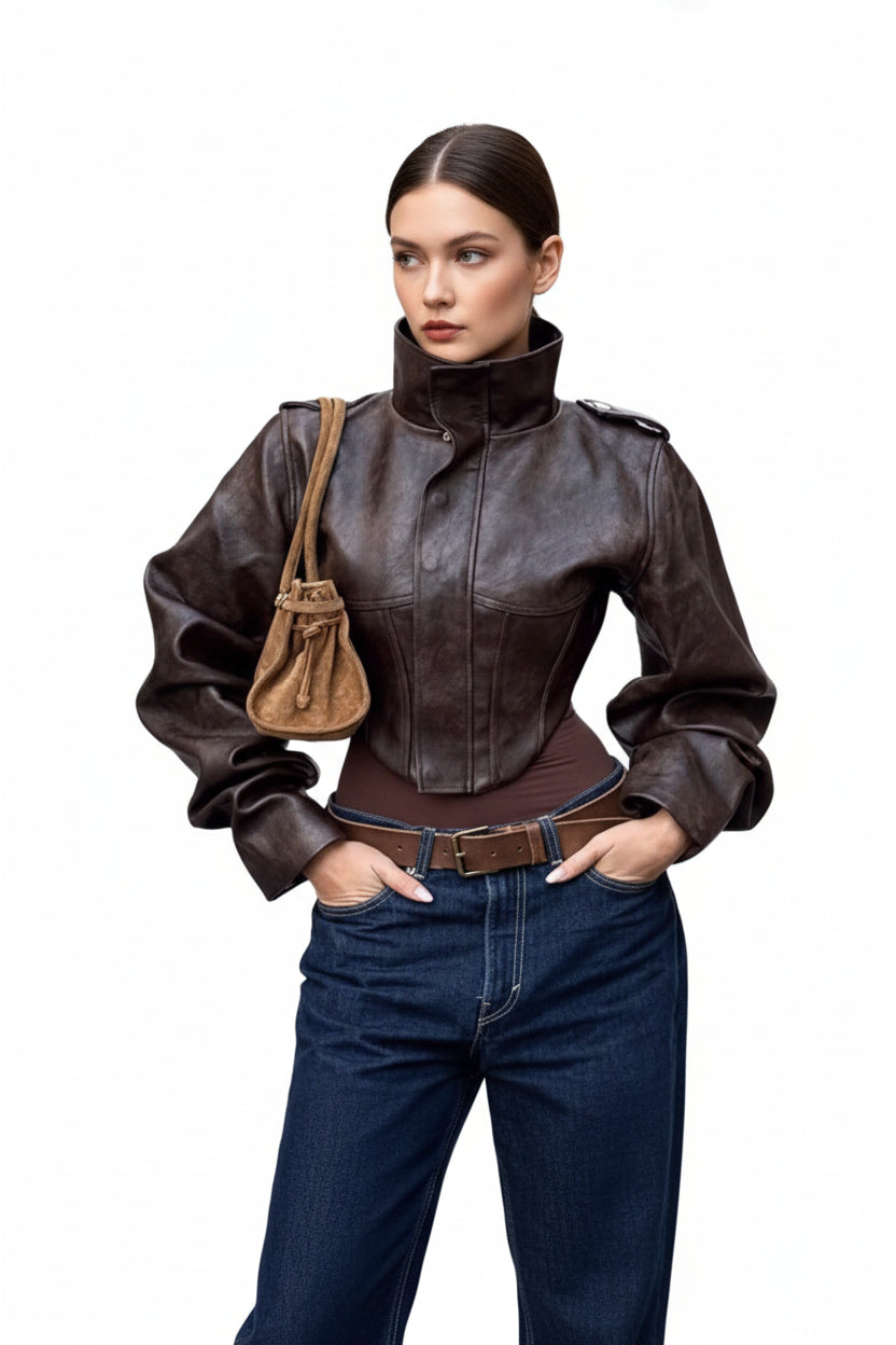 women retro leather jacket button closure classic street style