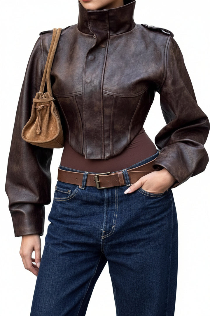 retro women leather jacket casual jeans outfit street fashion