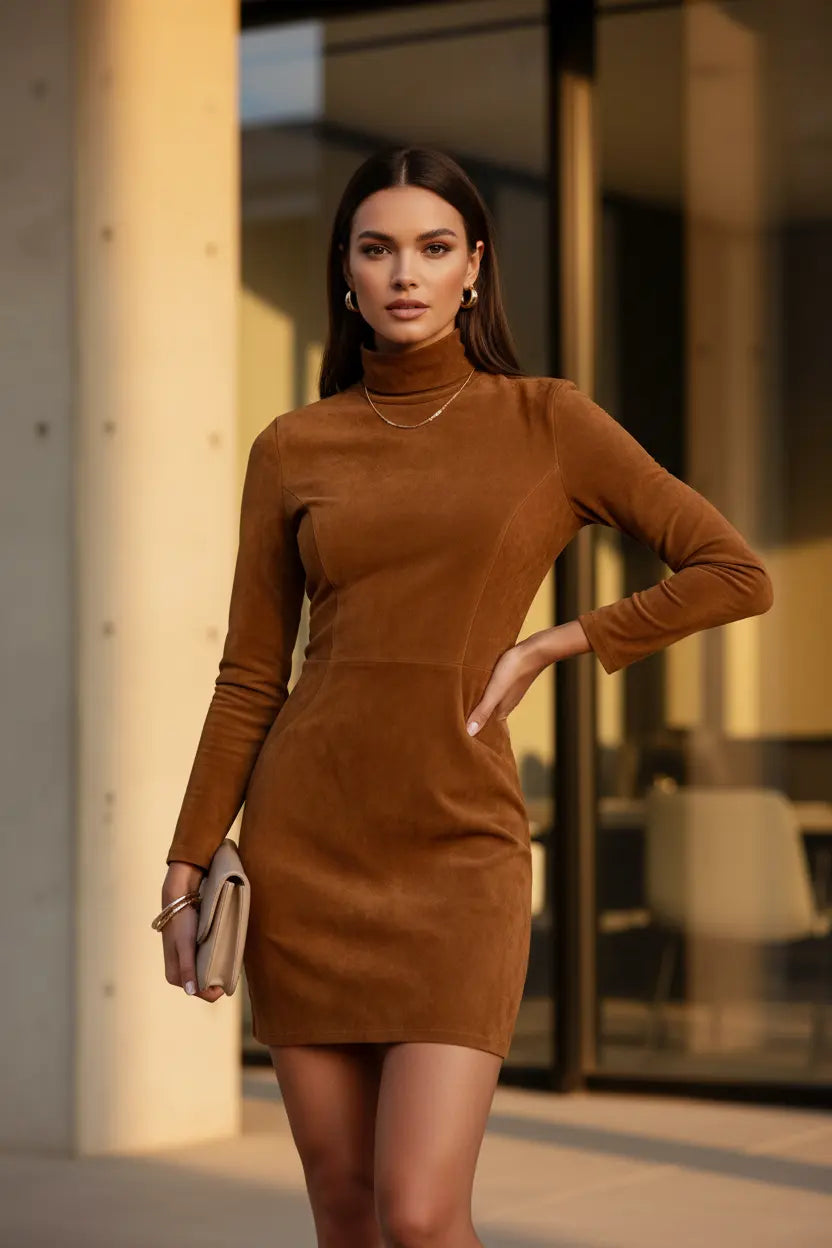 Suede Turtleneck Bodycon Dress Sculpted Slim Fit Design