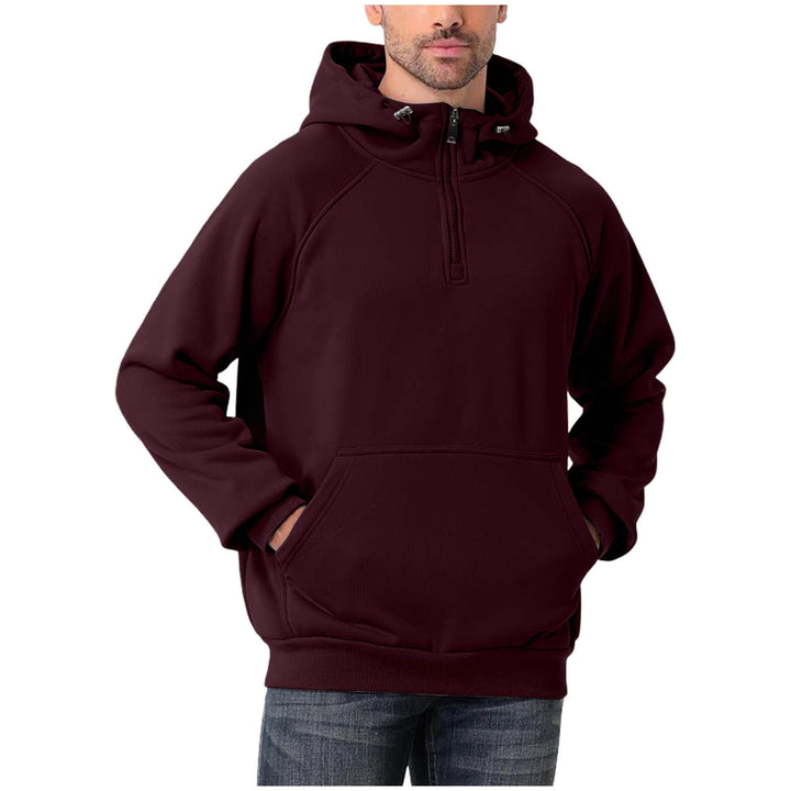 Maroon hoodie worn by a person on a white background