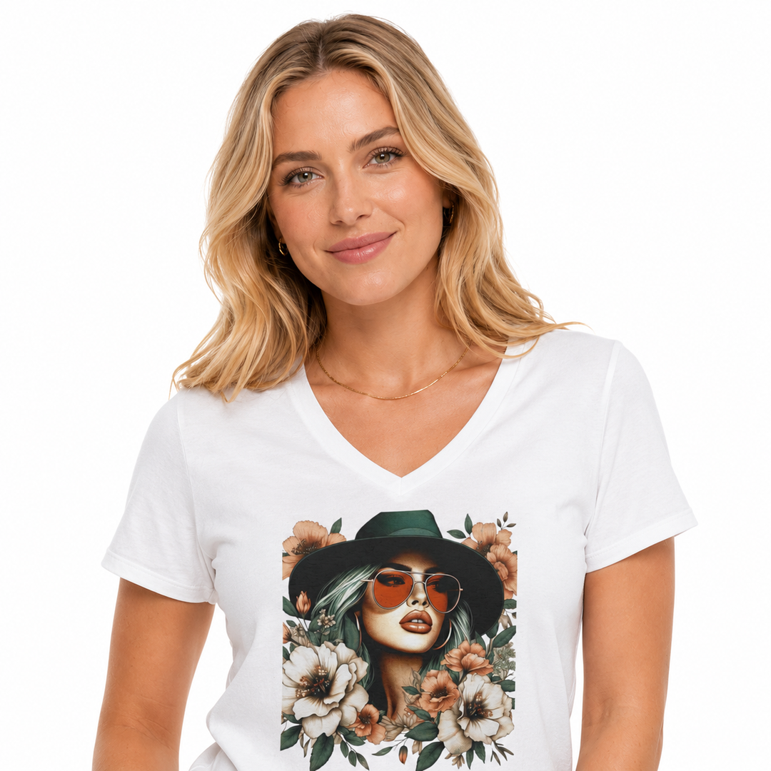 Floral T Shirt Women - Cotton V-Neck Floral Graphic Tee