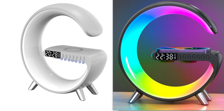 Black smart atmosphere lamp with G shaped design, Bluetooth speaker, wireless charger, clock, alarm and dimmable light modes.