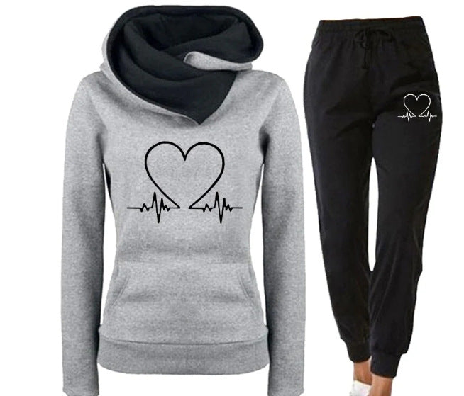 Love Heart Printed Women's Sports Suit Hooded Top & Pants