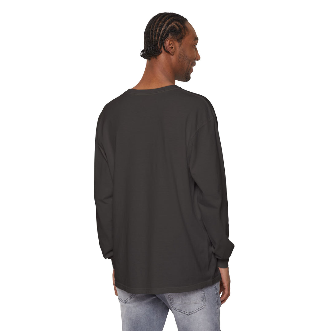 Person wearing a black long-sleeve shirt on a white background
