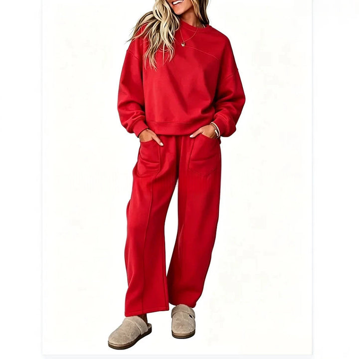 Original supplier model photo of the red sweatshirt and wide-leg trouser set