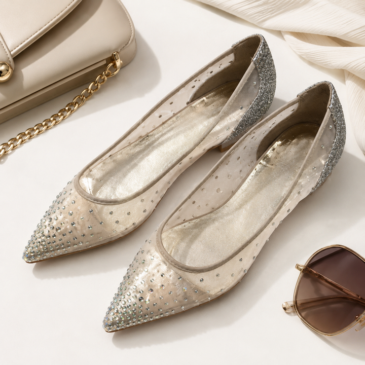Elegant rhinestone mesh pumps with airy upper, stable slope heel and polished sparkle for dressy occasions and evening event.