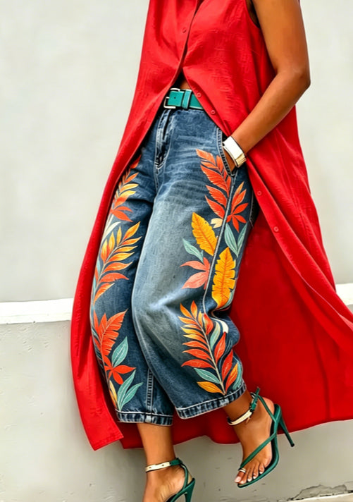 Wide leg capri pants for women displayed with street-fashion styling and retro pattern details for shoppers - product detail.