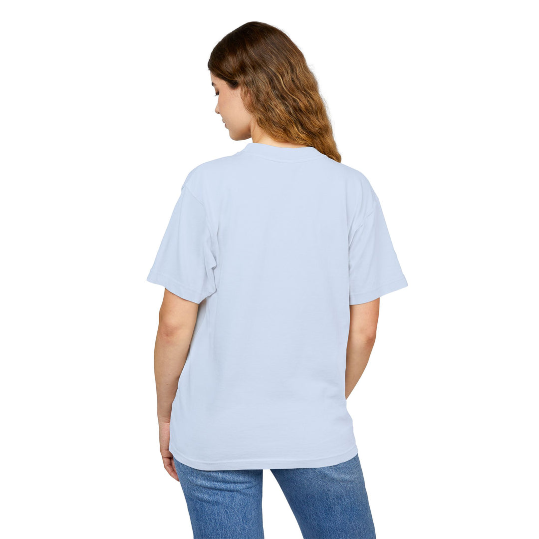 Person wearing a light blue t-shirt on a white background