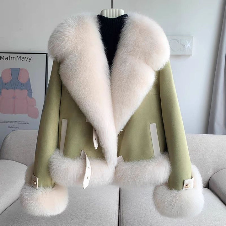 soft blush pink faux fur coat collar detail with natural light reflection