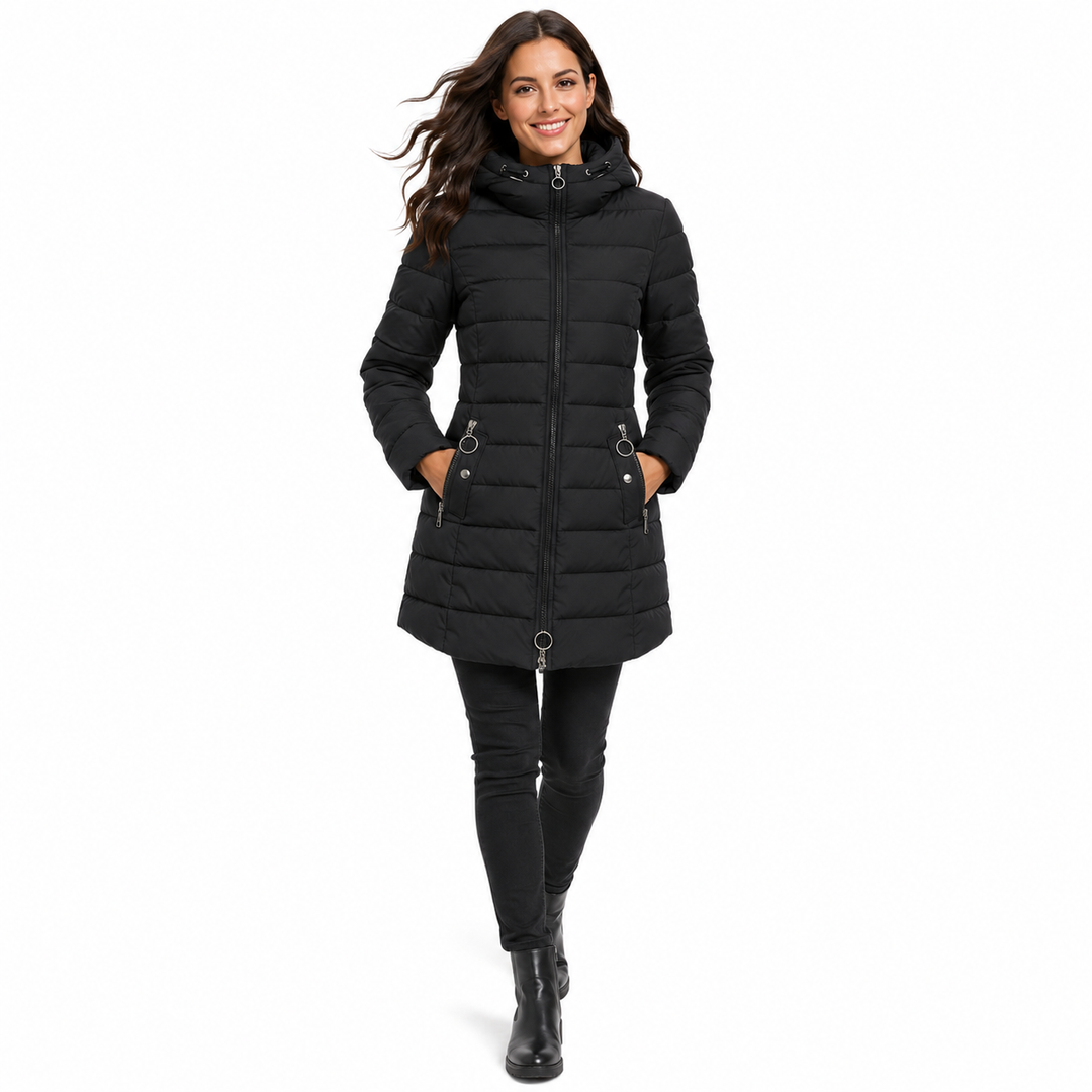 Polyester puffer coat for women with wind resistant shell, smooth surface and soft interior for cold weather layering all day