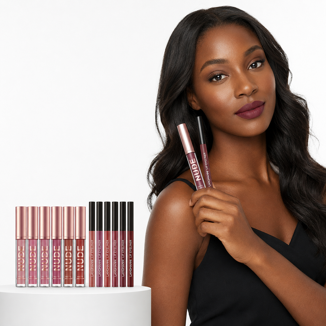 Lip liner and lipstick set with twelve makeup pieces displayed as a complete option for daily routines and special occasions.
