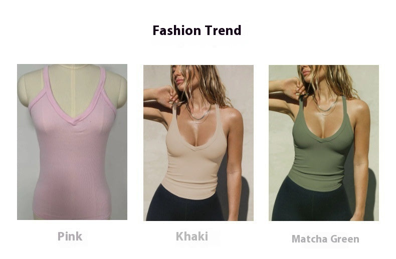 Three tank tops in pink, khaki, and matcha green with a woman modeling each color.