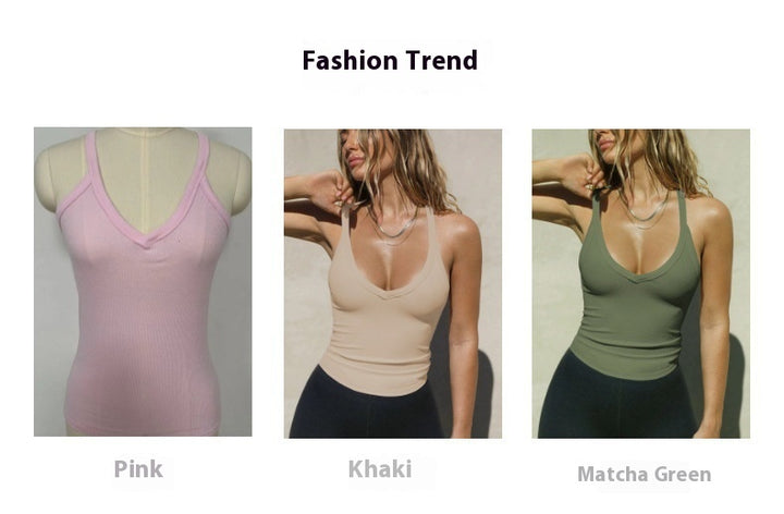 Three tank tops in pink, khaki, and matcha green with a woman modeling each color.