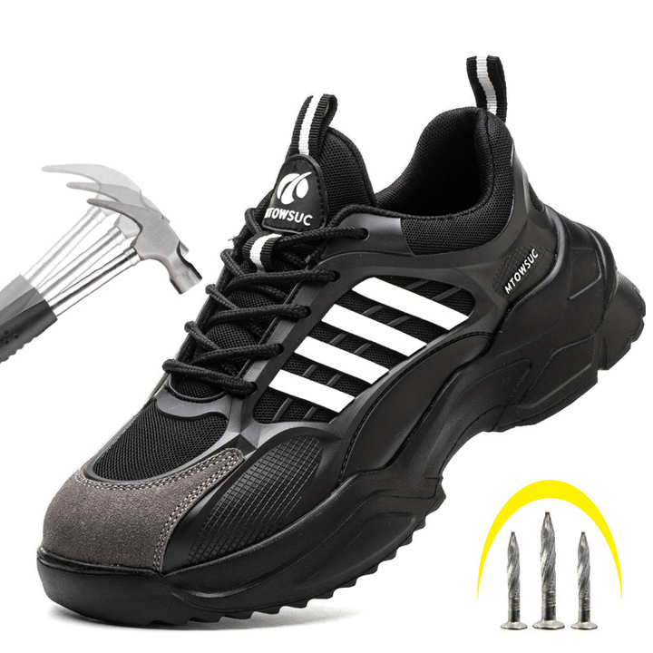 Black / White steel toe work shoes for men and women in a practical low-cut design
